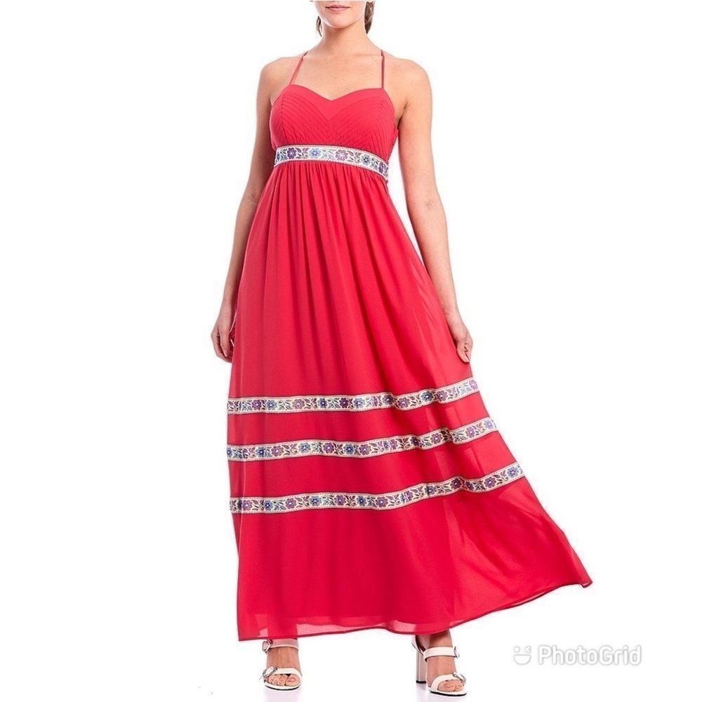 BADGLEY MISCHKA Tiered Maxi Dress Spaghetti Strap Sweetheart Pink Size 4 New